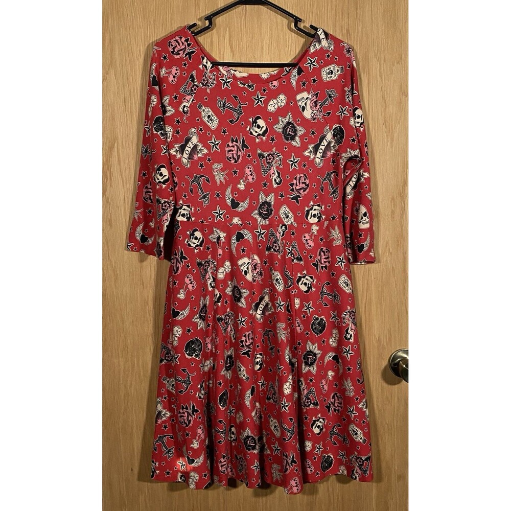 Torrid Women's L Fit & Flare Dress Red Black Novelty Print Pockets Stretch Punk